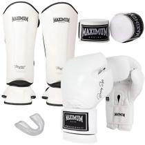 Kit Luva Muay Thai Classic White + Caneleira Muay Thai Classic White + Bandagem 3M + Bucal - Maximum
