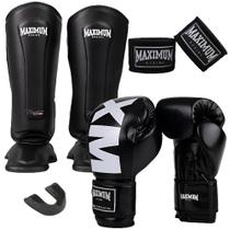Kit Luva Muay Thai Mxm Black + Caneleira Classic Black + Bandagem 3M + Protetor Bucal - Maximum