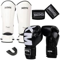Kit Luva Muay Thai Mxm Black + Caneleira Classic White + Bandagem 3M + Protetor Bucal - Maximum
