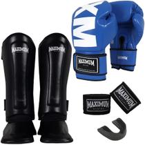 Kit Luva Muay Thai Mxm Blue + Caneleira Muay Thai Classic Black + Bandagem + P. Bucal - Maximum