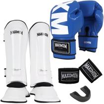 Kit Luva Muay Thai Mxm Blue + Caneleira Muay Thai Classic White + Bandagem + P. Bucal - Maximum