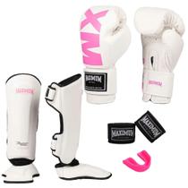 Kit Luva Muay Thai Mxm + Caneleira Muay Thai + Bandagem + Bucal - White/Pink Maximum