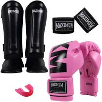 Kit Luva Muay Thai Mxm Pink + Caneleira Muay Thai Classic Black + Bandagem 3M + P. Bucal - Maximum