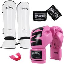 Kit Luva Muay Thai Mxm Pink + Caneleira Muay Thai White + Bandagem 3M + Protetor Bucal - Maximum