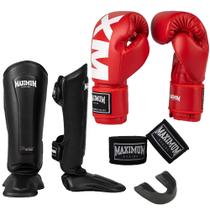 Kit Luva Muay Thai Mxm Red + Caneleira Muay Thai Black + Bandagem + Protetor Bucal - Maximum