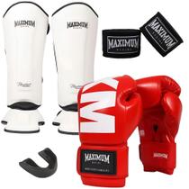 Kit Luva Muay Thai Mxm Red + Caneleira Muay Thai Classic White + Bandagem + Protetor Bucal - Maximum