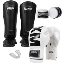 Kit Luva Muay Thai Mxm White + Caneleira Muay Thai Black + Bandagem + Protetor Bucal - Maximum