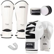 Kit Luva Muay Thai Mxm White + Caneleira Muay Thai Mxm White + Bandagem + Protetor Bucal - Maximum