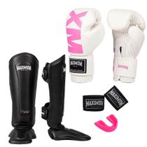Kit Luva Muay Thai Mxm White/Pink + Caneleira Muay Thai Classic Black + Bandagem + Bucal - Maximum