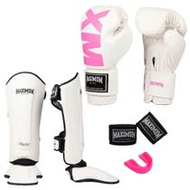 Kit Luva Muay Thai Mxm White/Pink + Caneleira Muay Thai White + Bandagem + Protetor Bucal - Maximum
