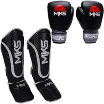 Kit Luva Muay Thai Preta/Prata + Caneleira Muay Thai Preta - Prospect Mks Combat
