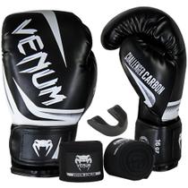 Kit luva muay thai profissional couro elite full + bandagem 4m + protetor bucal - venum
