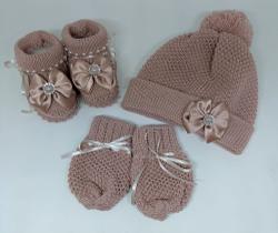 kit luva,touca e sapatinho amerelina com laço para bebê de 0 a 2 meses em tricô