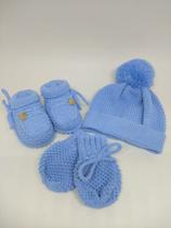 kit luva, touca e sapatinho azul lavanda para bebê de 0 a 2 meses em tricô