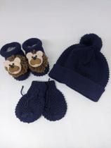 kit luva,touca e sapatinho azul marinho com leão para bebê de 0 a 2 meses em tricô