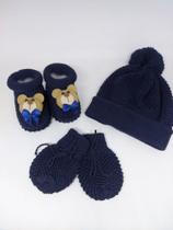 kit luva,touca e sapatinho azul marinho com ursinho para bebê de 0 a 2 meses em tricô