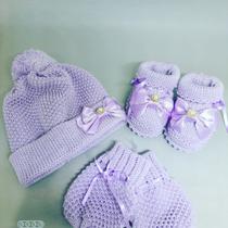 kit luva, touca e sapatinho lilas claro para bebê de 0 a 2 meses em tricô - Sonhos de bebê