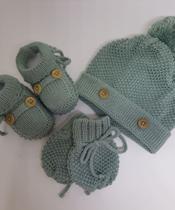 kit luva,touca e sapatinho verde maré para bebê de 0 a 2 meses em tricô - Sonhos de bebê