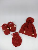 Kit luva, touca e sapatinho vermelho para bebê de 0 a 2 meses em trico