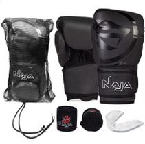 Kit Luvas De Boxe E Muay Thai Naja Black Line + Bandagem + Protetor Bucal + Bolsa Bag