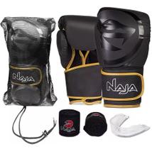 Kit Luvas De Boxe E Muay Thai Naja Black Line + Bandagem + Protetor Bucal + Bolsa Bag