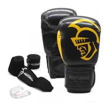 Kit Luvas De Boxe Muay Thai Black Line Amarelo, Band e Bucal Pretorian