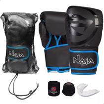 Kit Luvas De Boxe Muay Thai Black Line Azul + Band + Bucal Naja