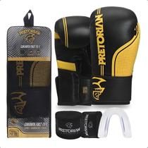 Kit Luvas de Boxe Muay Thai First FX1 Preto-Amarelo, Band e Bucal Pretorian