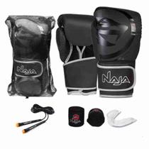 Kit luvas de Boxe Muay Thai Naja Black + Bandagem + Protetor Bucal + Corda