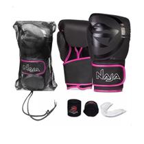 Kit luvas de Boxe Muay Thai Naja Black + Bandagem + Protetor Bucal