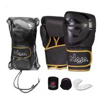 Kit luvas de Boxe Muay Thai Naja Black + Bandagem + Protetor Bucal