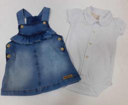 Kit Luxo Jardineira Vestido Jeans + Body Bebê Menina 2257