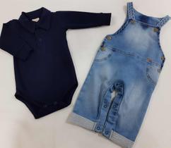 Kit Luxo Macacão Jardineira Jeans + Body Bebê Menino 23100 Kit Luxo Macacão Jardineira Jeans + Body Bebê Menino 23100