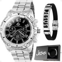Kit Luxo Masculino Relógio Prata Aço Inox Mostrador Preto Pulseira Escrita Jesus Caixa Premium Presente Kit Luxo Masculino Relógio Prata Aço Inox Mostrador Preto Pulseira Escrita Jesus Caixa Premium Presente