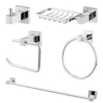 Kit Luxo Para Banheiro Em Metal Cromado Quadrado 5 Peças