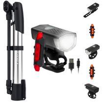 Kit Luz Led Recarregável Para Bicicleta com Farol e Traseira + Mini Bomba de Ar Para Pneu
