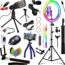 Kit Luz Led Ring Light Rgb Tripé 2m + Microfone Profissional Acessórios Filmagem no Celular