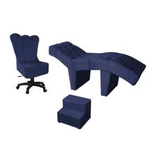 Kit Maca Estética 60cm Com Cadeira Mocho Giratória e Escadinha Cílios Maquiagem Suede Azul Marinho - D house Decor