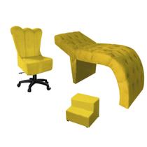 Kit Maca Estética Gabi Com Cadeira Mocho Giratória e Escadinha Cílios Maquiagem Suede Amarelo - D house Decor