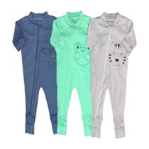 Kit Macacão Bebe Liso Bordado C/ Zíper Vira Pé Menino Menina 3 Peças