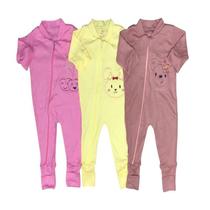 Kit Macacão Bebe Liso Bordado C/ Zíper Vira Pé Menino Menina 3 Peças