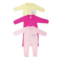 Kit Macacao Bebe Suedine Com Ziper Bordado e Liso 3 Peças Roupa Infantil Menina Enxoval Presente Natal Cha Revelação 100 algodão Frio Baby Deluxe