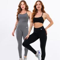 Kit Macacão Costa Nua Longo + Conjunto Fitness Top Alça Calça Legging Sem Transparência Inverno
