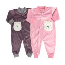 Kit Macacão de Plush Bebe Bordado Sem Pezinho 2 peças