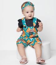 Kit Macacão Jardineira + Body + Faixa Luxo Bebê Menina 7966