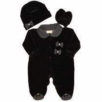 Kit Macacão Longo de Bebê Lacinho Preto Plush + Touca + Luva