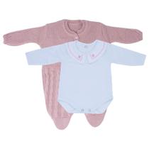 Kit macacão Trançado Rosa e Body Gola Bordada DU