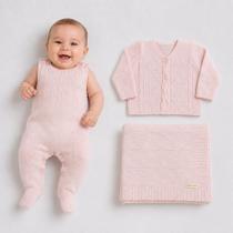 Kit Macaquinho Casaco e Manta Tricô Kids Trança Losango Rosa