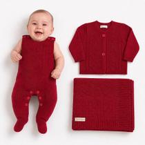 Kit Macaquinho Casaco Manta Tricô Kids Trança Losango Vermelho