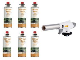 Kit Maçarico Automático Portátil Pro Branco Gourmet Com Controle de Chama + 6 Recargas de Gás - Glob